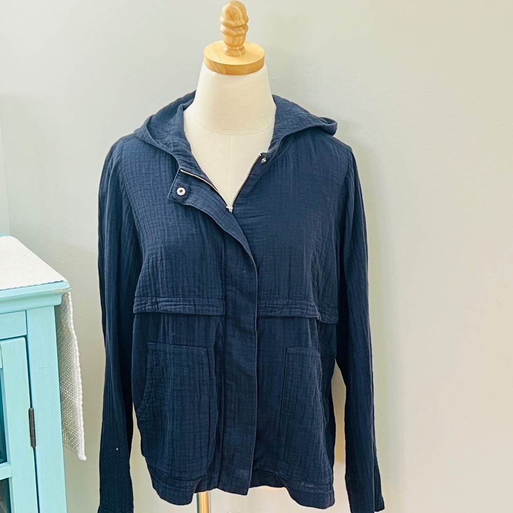 J. Jill Navy Blue 100% Cotton Double Gauze Hooded Zip Front Jacket Small